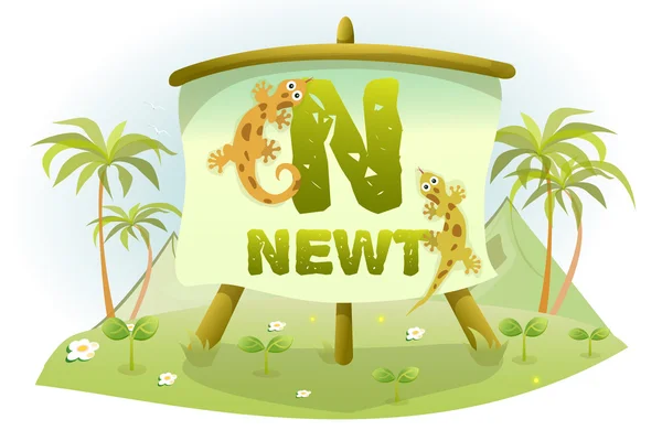 Divertido alfabeto de dibujos animados N con Newt — Vector de stock