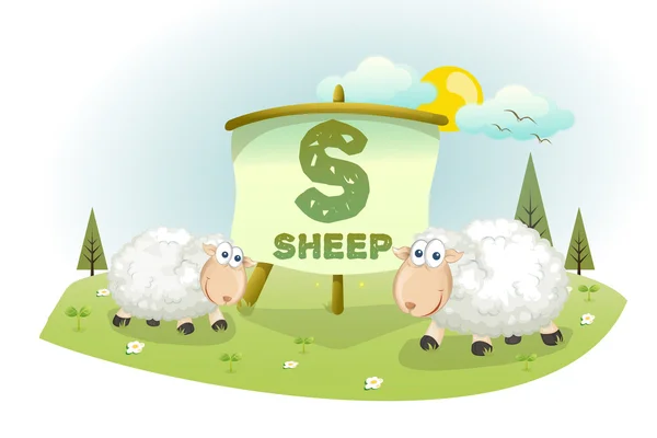 Divertido alfabeto de dibujos animados S con ovejas — Vector de stock