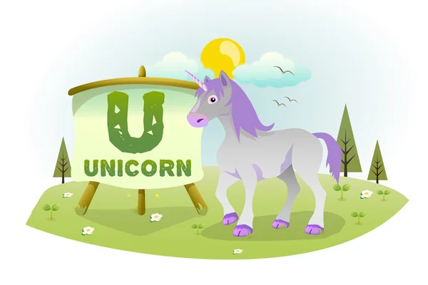 Funny Cartoon Alphabet U With Unicorn — Stock Vector