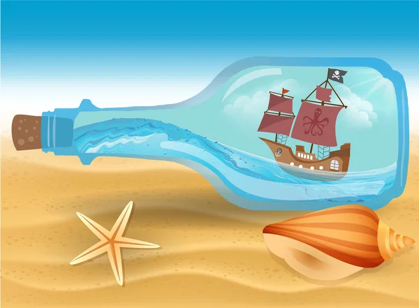 Barco pirata en una botella — Vector de stock