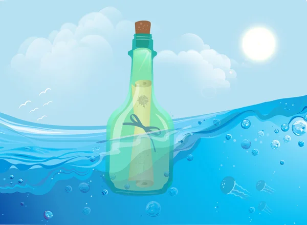 Fles met bericht zweven in de oceaan golven — Stockvector