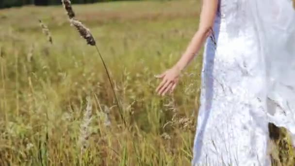 Novia caminando en el campo. Mujer feliz libre . — Vídeos de Stock