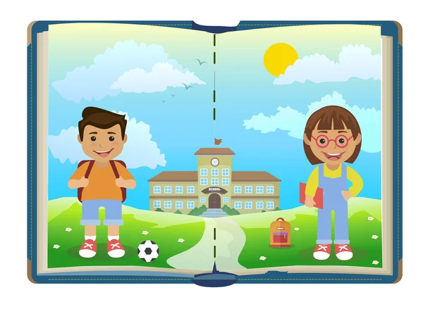 Livro com escola e duas crianças —  Vetores de Stock