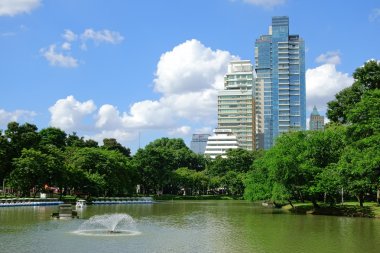 Lumpini Park o göl manzaralı Tay başkentin şehir merkezinde