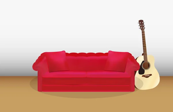 Red sofa and acoustic guitar — Stock Vector