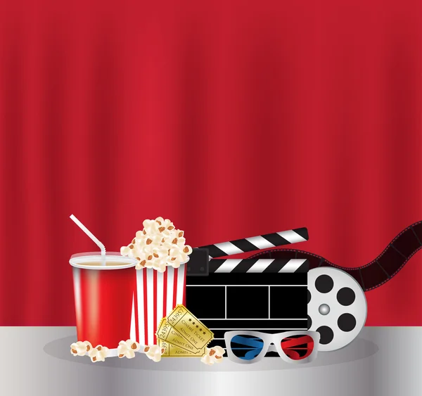 Popcorn, minuman, Film, kacamata 3d dan tiket film - Stok Vektor