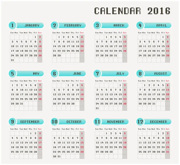 Um calendário do ano 2016 — Vetor de Stock