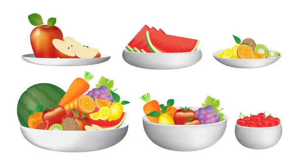 Grupo de frutas en un tazón y platos — Vector de stock