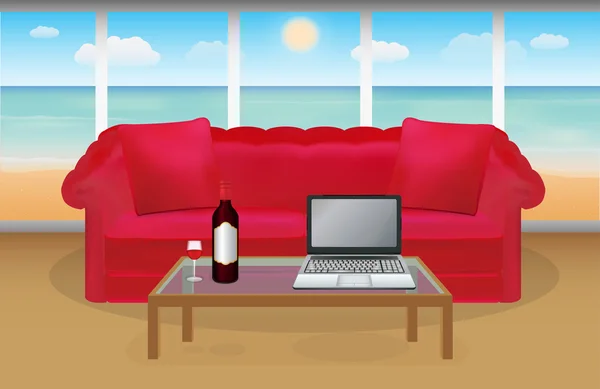 Вино и ноутбук перед красным диваном в комнате с пляжным фоном — стоковый вектор