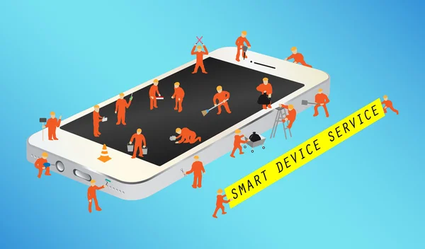 Mini werknemer werken op een smartphone — Stockvector