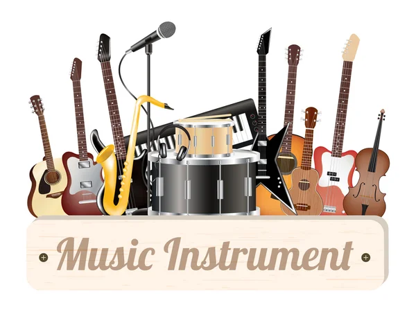 Music instrument wood board with electric acoustic guitar bass drum snare violin ukulele saxophone keyboard microphone and headphone — Stock Vector