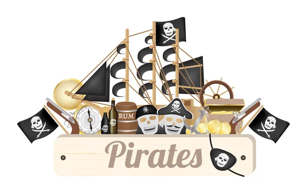 Tablero de madera pirata con brújula barco pirata oro moneda ron barril tesoro caja bandera pistola ojo parche — Vector de stock
