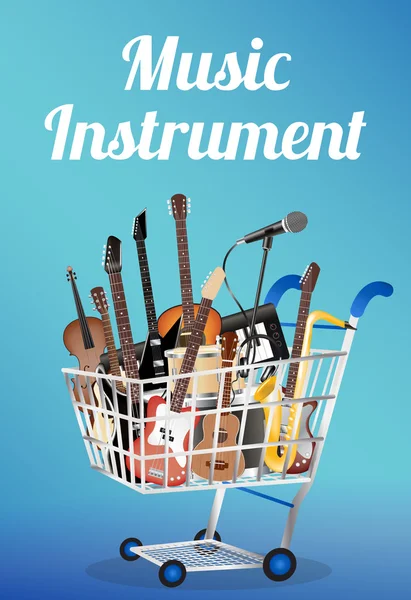 Instrumento de música com guitarra acústica elétrica baixo tambor snare violino ukulele saxofone teclado microfone e fone de ouvido em um carrinho de compras —  Vetores de Stock