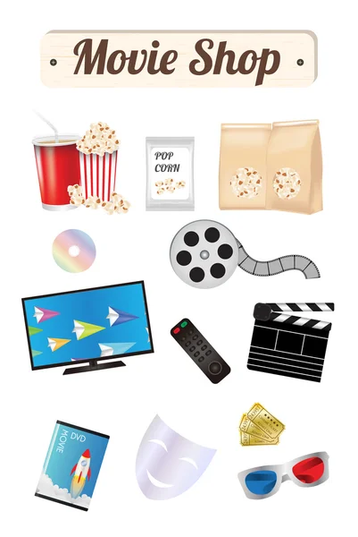 Film shop trä styrelse med pop corn film cd skiva dvd film rutan smart TV film remote biljett känslor mask 3d-glasögon — Stock vektor