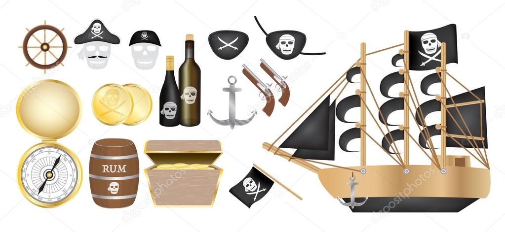 pirate ship with pirate compass gold coin rum barrel treasure box flag gun eye patch