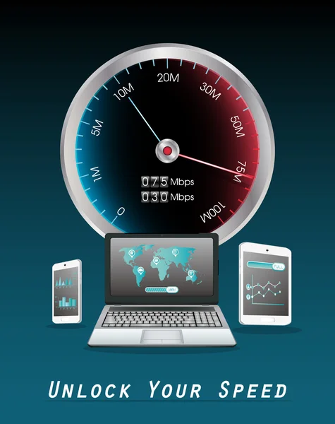 ノート パソコン スマート フォンとインターネット速度計とタブレット — ストックベクタ
