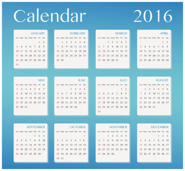 Año 2016 calendario — Vector de stock