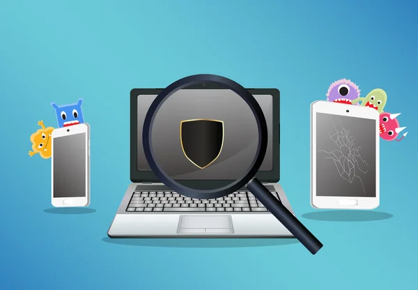 検索ウイルス コンピューターのラップトップのスマート フォンとタブレット近視 — ストックベクタ