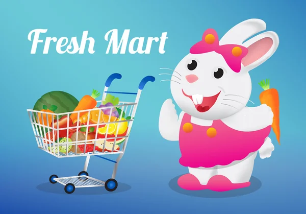 Frutas en un carrito de compras con conejo blanco sosteniendo una zanahoria — Vector de stock