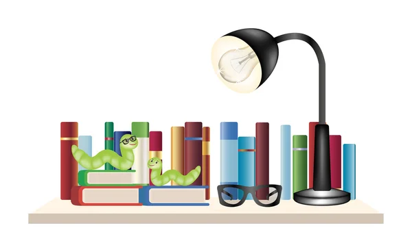 Gusano de libro en una estantería de libros con gafas de lectura y lámpara de lectura — Vector de stock