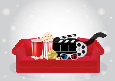 Patlamış mısır, içki, Film Film, 3d gözlük ve film bilet üzerinde kırmızı koltuk