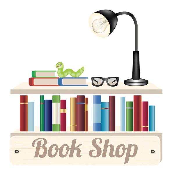 Knihu obchod dřevěné desce s knihou brýle na čtení a čtení lampu na polici dřevěnou knihu — Stockový vektor