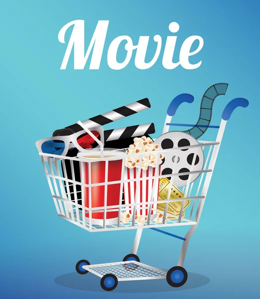 Movie Film, 3d Glasses and movie ticket in a shopping cart — Stock Vector