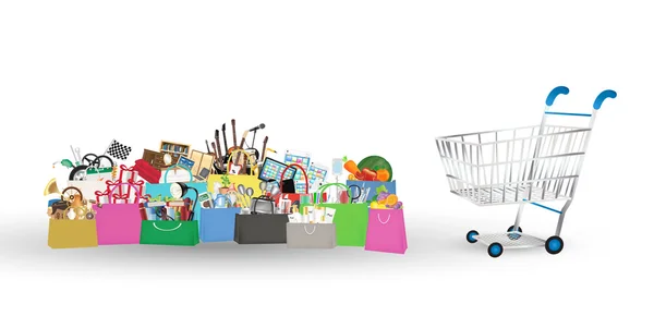 Bolsas de compras con muchos objetos en el interior con carrito de compras — Vector de stock