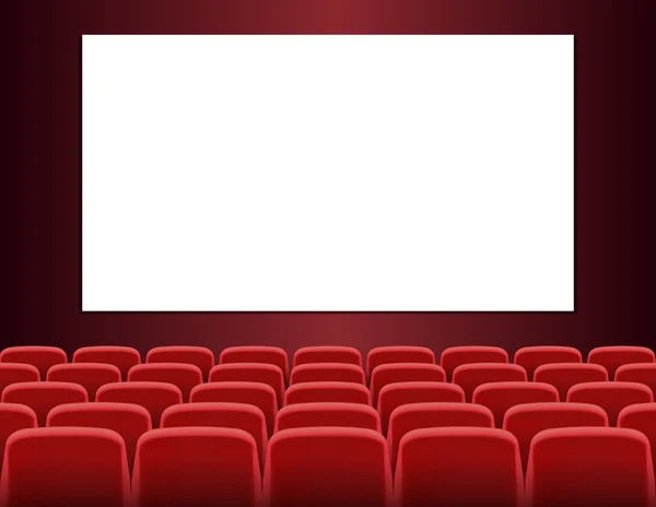Filas de asientos rojos frente a la pantalla blanca en blanco — Vector de stock