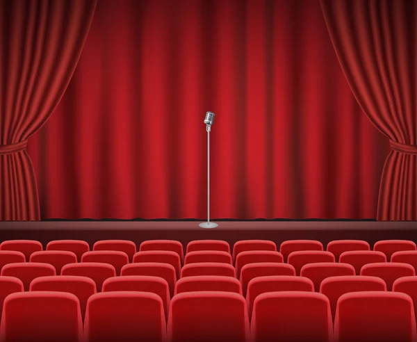 Rows of red cinema or theater seats in front of show stage with retro microphone — Stock Vector