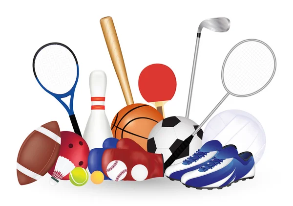 Juego De Objetos Deportivos Fútbol Balón Voleibol Baloncesto Béisbol Fútbol Americano Badminton Tenis de Mesa Golf Guante de Boxeo Bolos Zapatos de Correr — Vector de stock