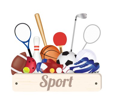 Futbol topu Voleybol basketbol beysbol Amerikan futbol Badminton Masa Tenisi Boks eldiveni Bovling Golf ve spor ayakkabısı ile spor ahşap tahta banner