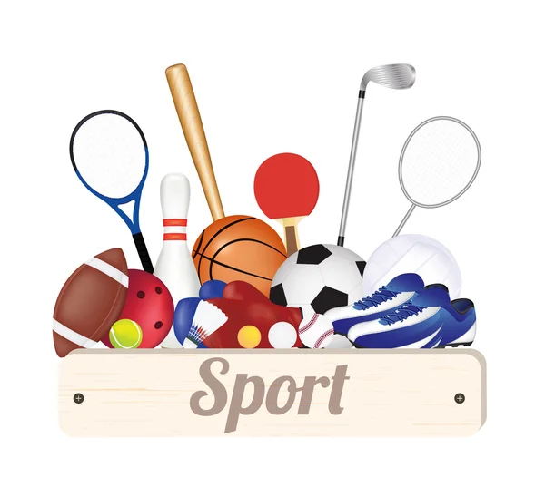 Sportovní dřevěné desce nápis s fotbalový míč volejbal basketbal Baseball americký fotbal Badminton stolní tenis Golf Boxerské rukavice Bowling a běžecké boty — Stockový vektor