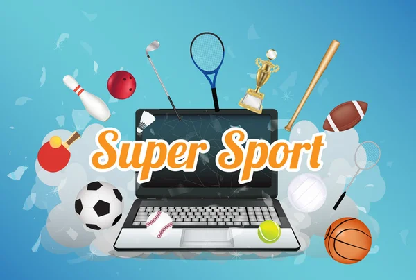 Super Sport com equipamento desportivo flutuando no laptop explodido —  Vetores de Stock