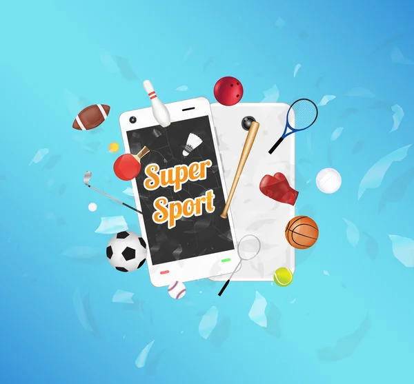 Super Sport на экране смартфона со спортивным оборудованием, плавающим на взорвавшемся смартфоне — стоковый вектор