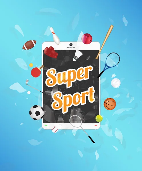 Super Sport na tela do tablet com equipamento esportivo flutuando em tablet explodido —  Vetores de Stock