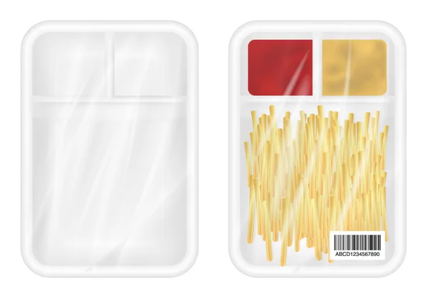 Ovansida av vit frigolit förpackningar mockup med pommes och ketchup inuti — Stock vektor