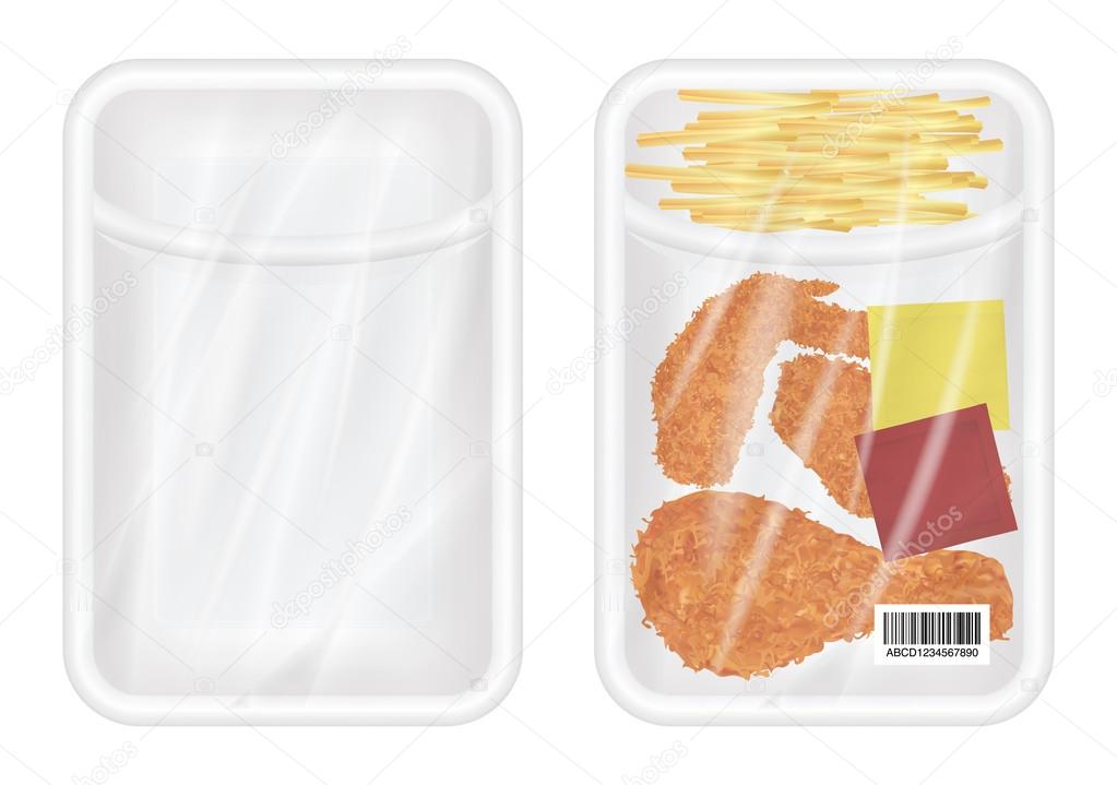 Download Top View Of White Polystyrene Packaging Mockup With Chicken Fried And French Fries Vector Image By C Siiixth Vector Stock 112045540