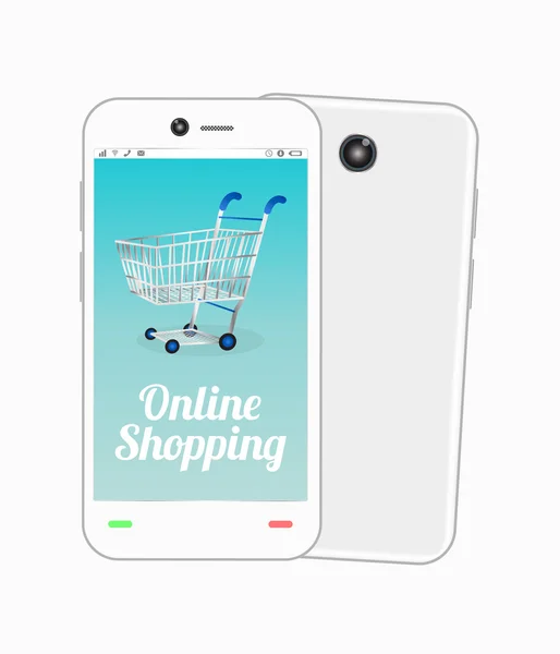 Смартфон с онлайн-магазинами и корзиной на экране — стоковый вектор