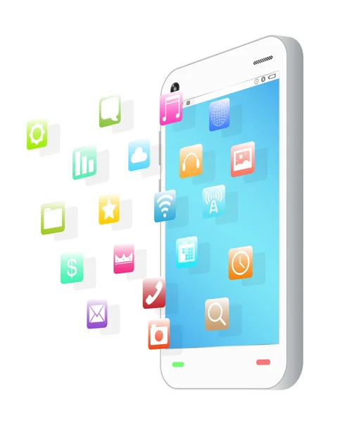 Vista lateral do smartphone branco com ícone de aplicativo flutuante — Vetor de Stock
