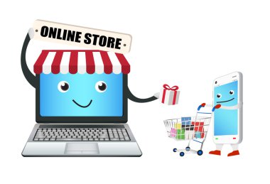 akıllı telefon ve alışveriş sepeti ile dizüstü bilgisayar online mağaza