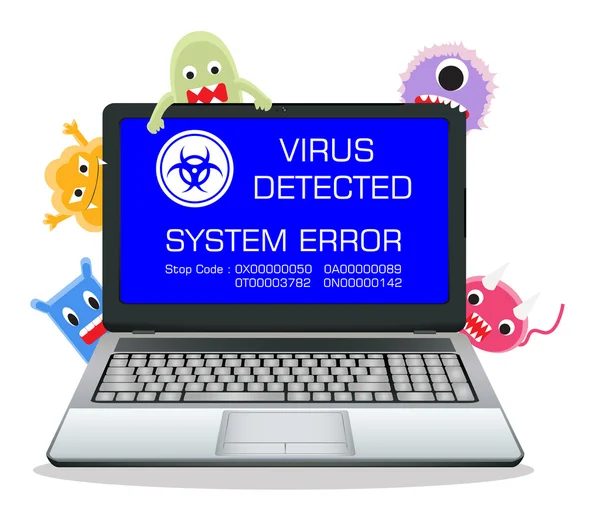 Écran d'erreur d'ordinateur portable avec virus de dessin animé — Image vectorielle