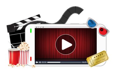 Bilet film 3d gözlük bir streaming video patlamış mısır ile oynarken smartphone
