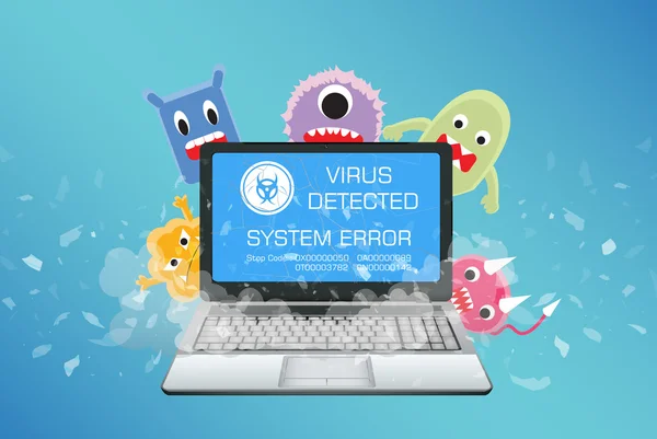 Laptop quebrado com computador de vírus detectar — Vetor de Stock