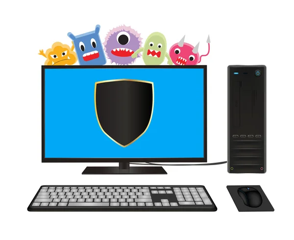 Computador desktop com proteção contra vírus — Vetor de Stock