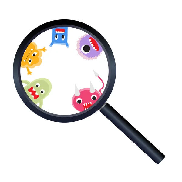 Magnify glass with virus cartoon — Stock Vector