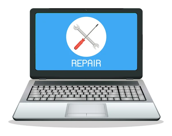 Laptop computer with repair logo on screen — Stock Vector