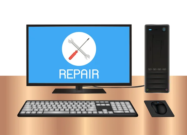 Desktop-Computer mit Reparatur-Logo auf dem Bildschirm — Stockvektor