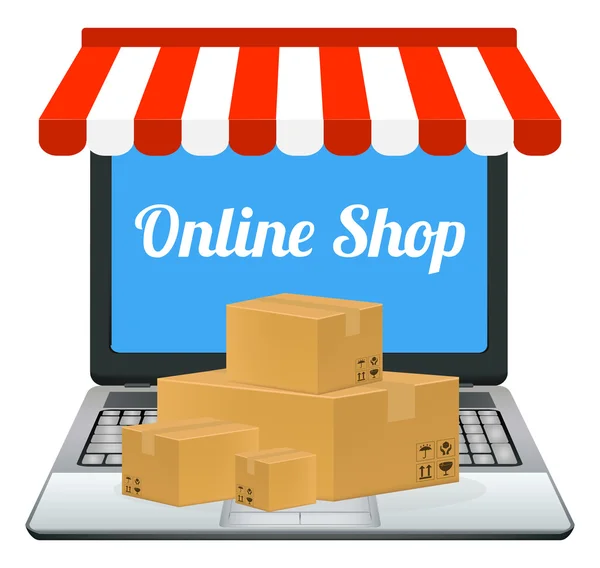 Tienda online de computadoras portátiles con caja de paquetes — Vector de stock