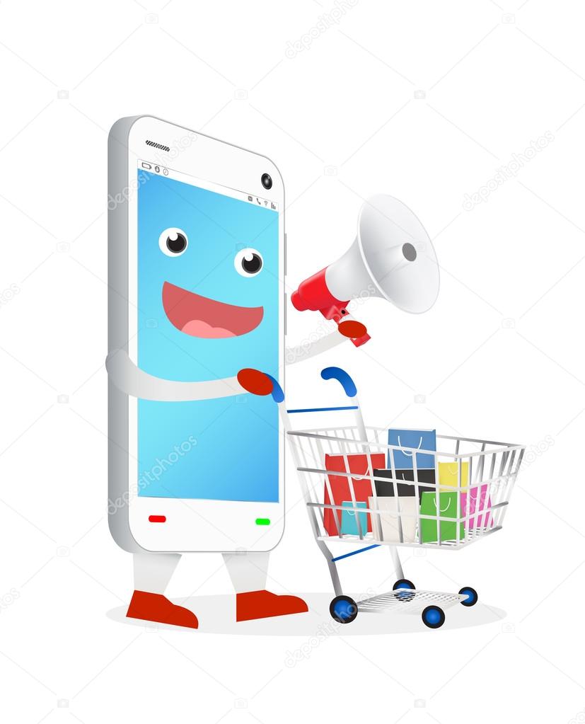 smartphone cartoon with megaphone and shopping cart